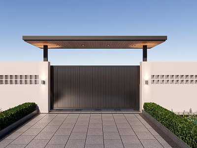 Modern Black Metal Gate With White Wall Green Plants Canopy And Stone Pavement 3d model