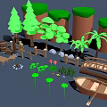 Wooden Bridge Boat Bench And Barrels With Green Trees Palms Rocks And Lotus Leaves