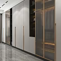 Modern Wardrobe Interior with Glass Doors Metal Handles Light Panels and Layered Storage Design