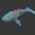Transparent Whale Model With Colorful Internal Elements And Green Plants On Back 3d model