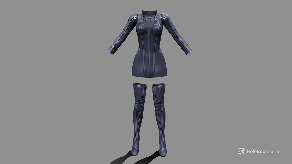 Dark Fitted Bodysuit With Front Zipper Long Sleeves And Matching Long Boots 3d model 