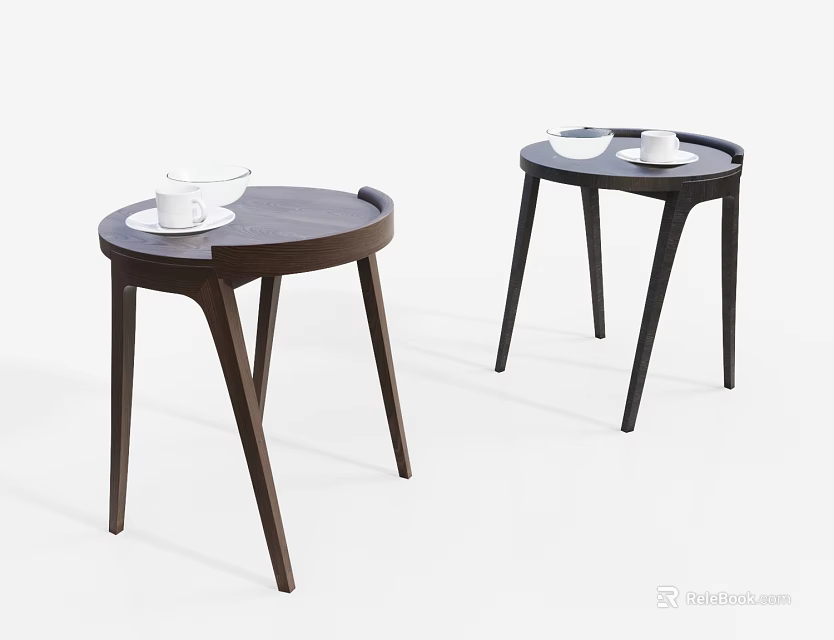Modern Round Wooden Side Tables With Sleek Legs And White Ceramic Cups 3d model 