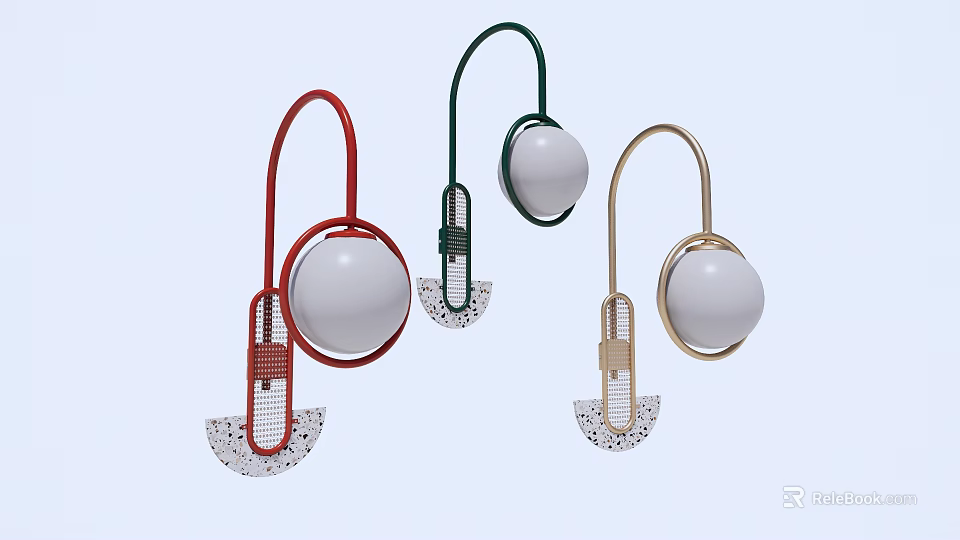 Stylish Wall Lamps In Red Green Gold With Round White Bulbs And Fan Shaped Bases 3d model 