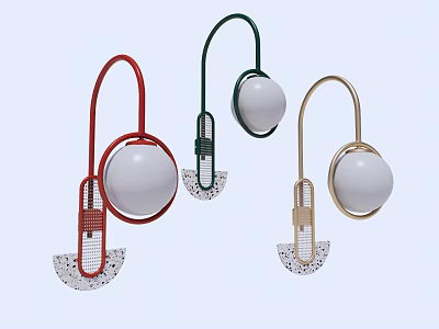 Stylish Wall Lamps In Red Green Gold With Round White Bulbs And Fan Shaped Bases 3d model