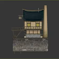 Traditional Japanese Style Wooden Building With Blue Roof Balcony And Yellow Windows On Stone Base