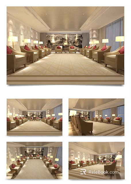 Elegant Hotel Public Lounge With Beige Sofas Red Cushions Soft Lighting And Patterned Carpet 3d model 