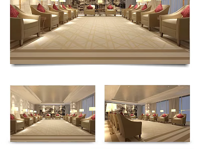 Elegant Hotel Public Lounge With Beige Sofas Red Cushions Soft Lighting And Patterned Carpet 3d model