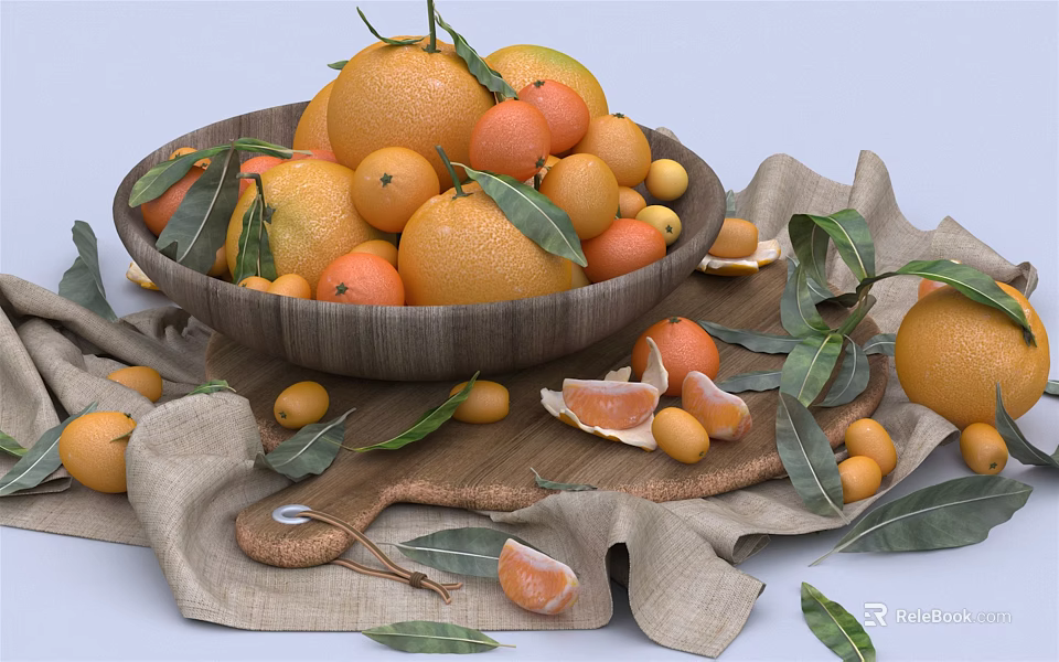 Fresh Citrus Fruits in Wooden Bowl with Oranges Tangerines Scattered Leaves and Peeled Segments 3d model 