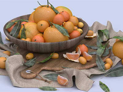 Fresh Citrus Fruits in Wooden Bowl with Oranges Tangerines Scattered Leaves and Peeled Segments 3d model
