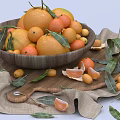 Fresh Citrus Fruits in Wooden Bowl with Oranges Tangerines Scattered Leaves and Peeled Segments