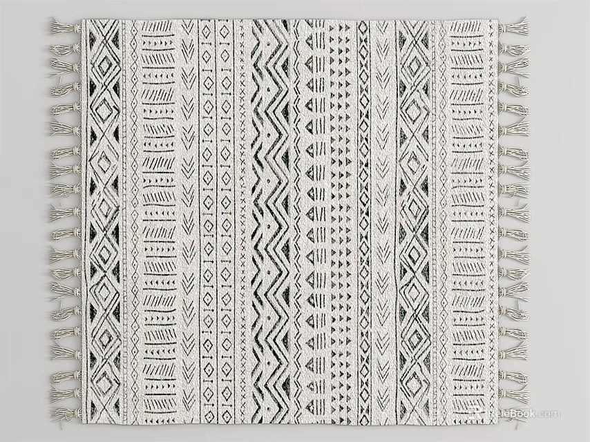 Black and White Modern Square Area Rug with Geometric Patterns and Tassel Edges 3d model 