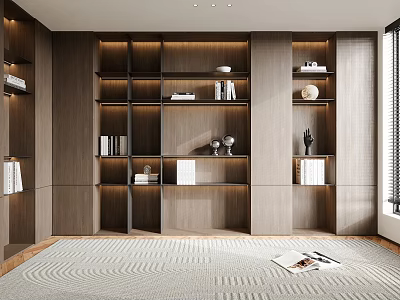 Modern Wooden Built-in Bookcase With Layered Shelves Books Decor And Carpet In Living Room Interior 3d model