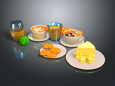 Delicious Assorted Food Display With Coffee Juice Banana Cookies And Cheese 3d model