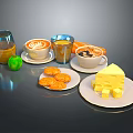 Delicious Assorted Food Display With Coffee Juice Banana Cookies And Cheese