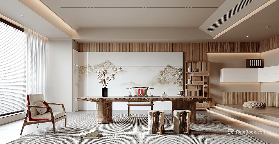 Elegant Tea Room with Wooden Walls Log Table Stools and Decorative Painting 3d model 