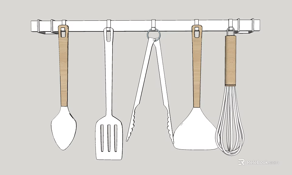 Various Hanging Kitchen Utensils With Wooden Handles On Wall Mounted Rack For Cooking 3d model 