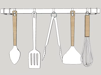 Various Hanging Kitchen Utensils With Wooden Handles On Wall Mounted Rack For Cooking 3d model