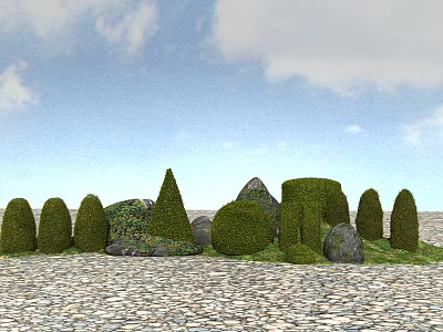 Various Shaped Bushes In Outdoor Scene With Rocks And Gravel Ground Under Cloudy Sky 3d model
