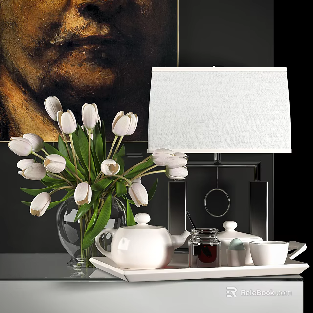 Decorative Accessories Set With White Tulips Vase Table Lamp Teapot Cups And Tray 3d model 