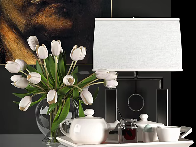 Decorative Accessories Set With White Tulips Vase Table Lamp Teapot Cups And Tray 3d model
