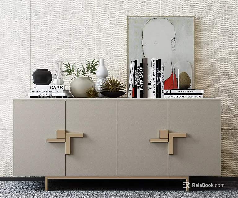 Modern Console Sideboard with Light Gray Finish Gold Handles and Decorative Vases Green Plants Books 3d model 