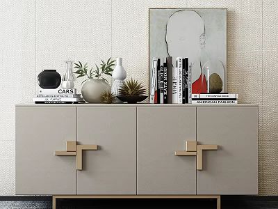 Modern Console Sideboard with Light Gray Finish Gold Handles and Decorative Vases Green Plants Books 3d model