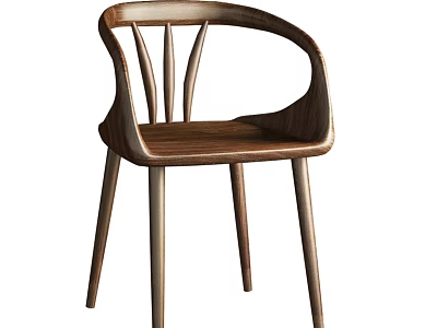 Wooden Leisure Chair With Curved Armrest Slatted Backrest And Slender Legs 3d model