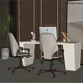 Modern Office Desk Workspace With Ergonomic White Chairs Mac Desktop And Potted Green Plants
