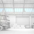 Warehouse Interior Featuring White Truck Cardboard Boxes And Man In Suit Talking