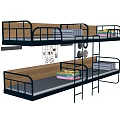 Bunk Bed With Black Metal Frame Wooden Panels Ladder And Striped Mattress Bedding