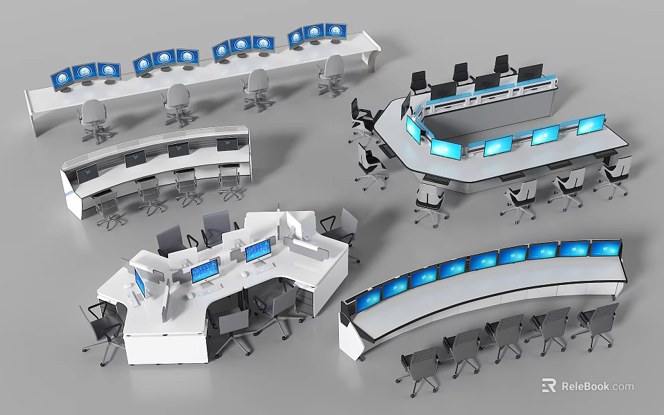 Modern Curved Office Desk And Chair Combinations With Multiple Computer Monitors 3d model