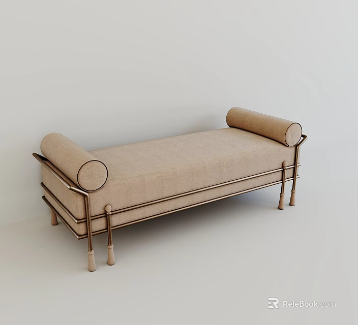 Modern Beige Sofa Bench With Upholstered Cushion Metal Frame And Cylindrical Armrests 3d model 
