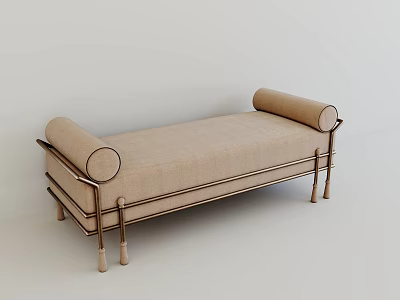 Modern Beige Sofa Bench With Upholstered Cushion Metal Frame And Cylindrical Armrests 3d model