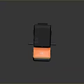 Black And Orange Computer Stand On Wooden Desktop With Small Black Holder