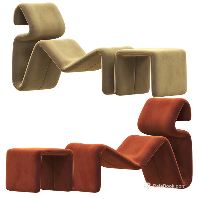 Modern Curved Chaise Lounge With Beige And Red Upholstered Fabric Design 3d model 