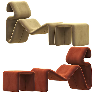 Modern Curved Chaise Lounge With Beige And Red Upholstered Fabric Design 3d model