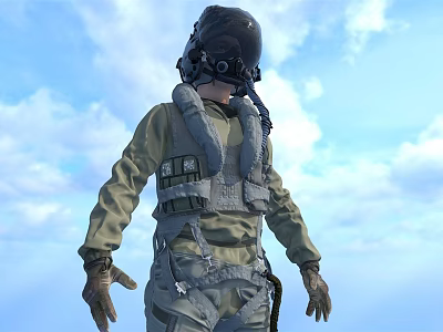 Rear View of Pilot in Flight Gear with Birds Flying Over Blue Sky and Clouds 3d model