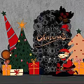 Festive Christmas Decoration Setup With White Balloon Wall Santa Claus Figure Gift Boxes And Trees