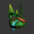 Lush Green Pine Trees And Small Plants With Stream And Wooden Bridge On Mini Island