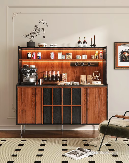 Modern Wooden Sideboard Cabinet With Coffee Machine Glassware And Decorative Items 3d model 