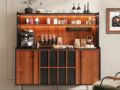 Modern Wooden Sideboard Cabinet With Coffee Machine Glassware And Decorative Items 3d model