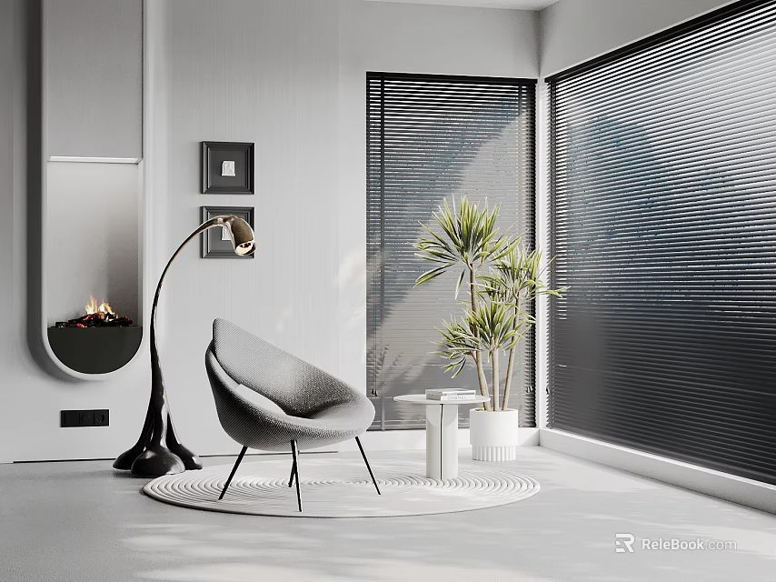 Modern Casual Sofa Set With Gray Lounge Chair Floor Lamp Potted Plant And Window Blinds 3d model 