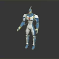 Sleek Blue And Silver Game Movie Character With Metallic Armor And Red Chest Emblem