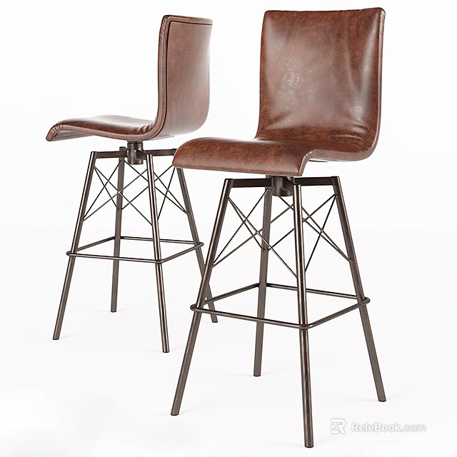 Set Of Two Modern Brown Leather Bar Stools With High Back Crisscross Metal Frame 3d model 