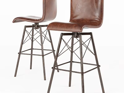 Set Of Two Modern Brown Leather Bar Stools With High Back Crisscross Metal Frame 3d model
