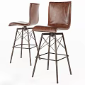 Set Of Two Modern Brown Leather Bar Stools With High Back Crisscross Metal Frame