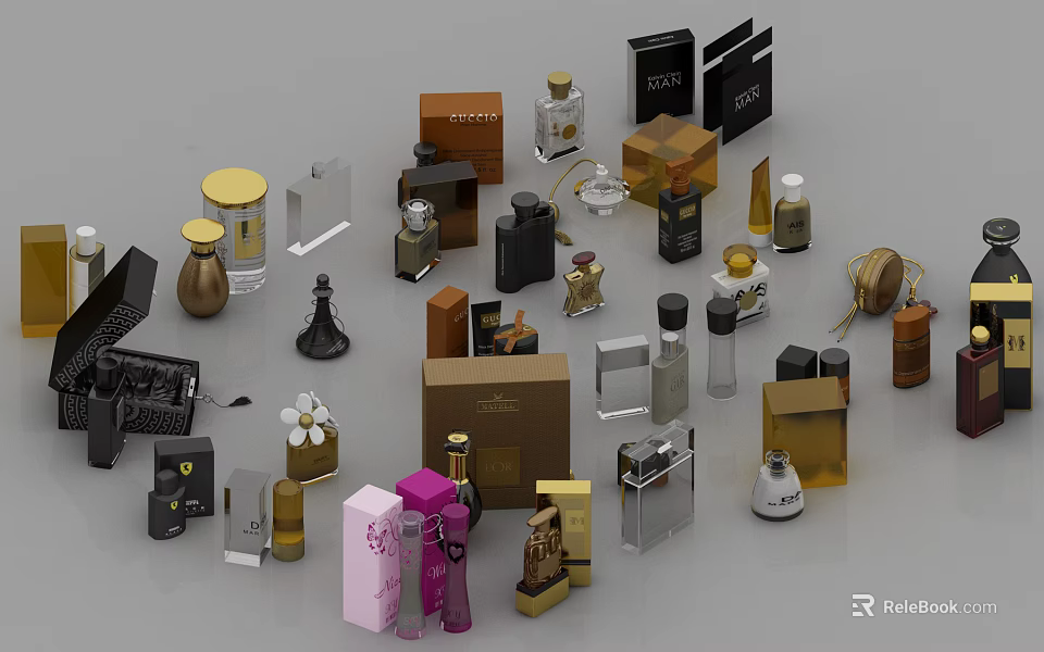 Luxury Perfume Cosmetics Collection with Various Fragrance Bottles and Packaging 3d model 