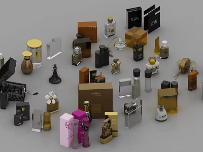 Luxury Perfume Cosmetics Collection with Various Fragrance Bottles and Packaging 3d model