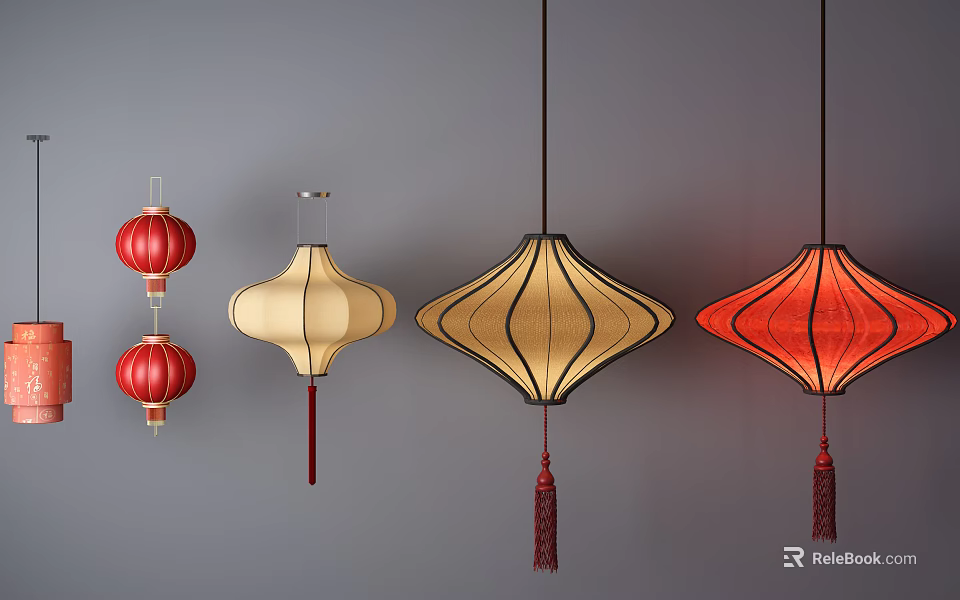 Traditional Hanging Lanterns In Red And Beige With Decorative Tassels 3d model 