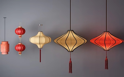 Traditional Hanging Lanterns In Red And Beige With Decorative Tassels 3d model